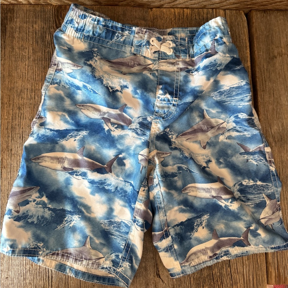 Old Navy Blue and White Shark-Print Boys Swimtrunks